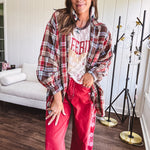 Oversized red, brown and blue plaid button down top.