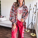 Oversized red, brown and blue plaid button down top.