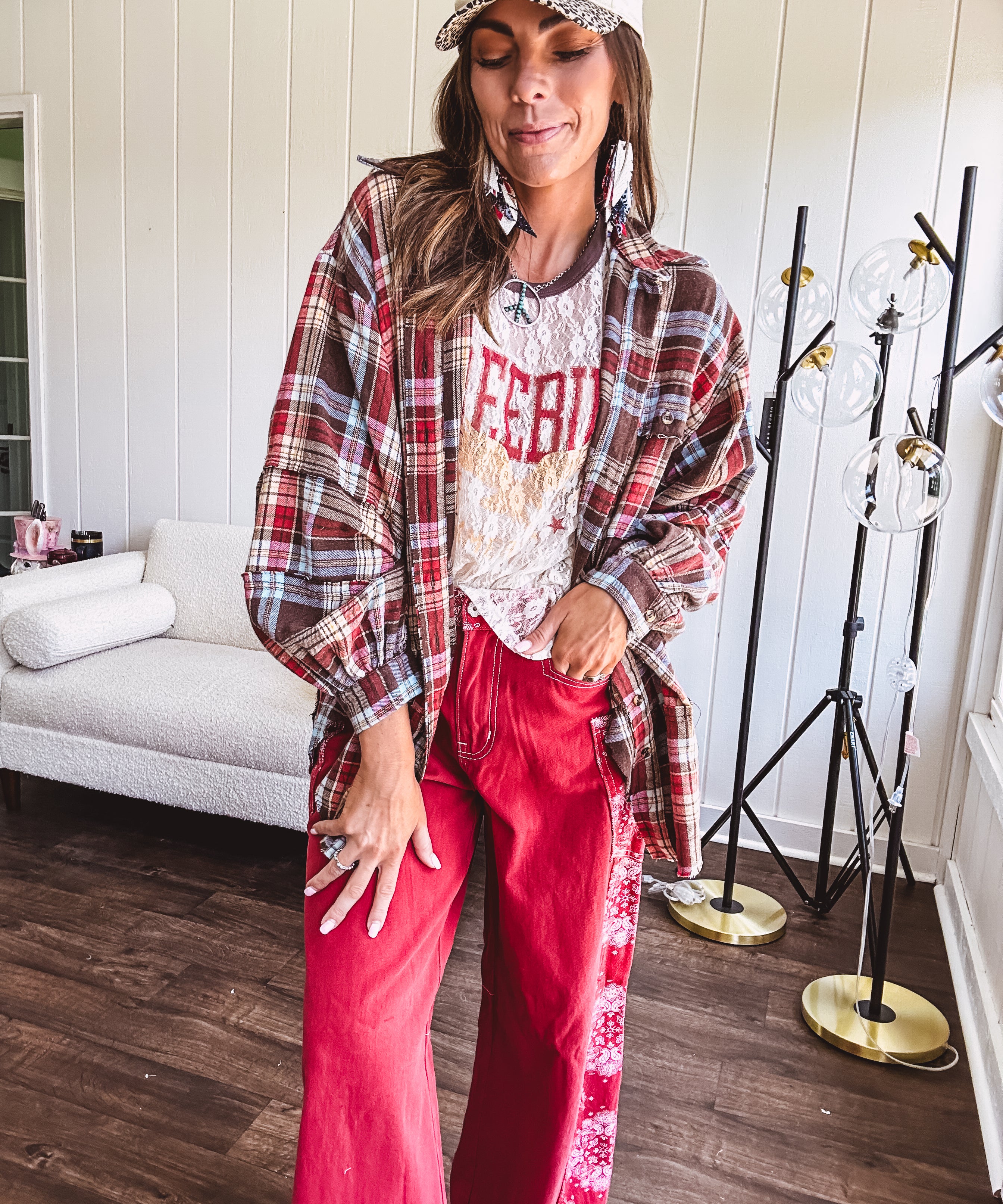 Oversized red, brown and blue plaid button down top.