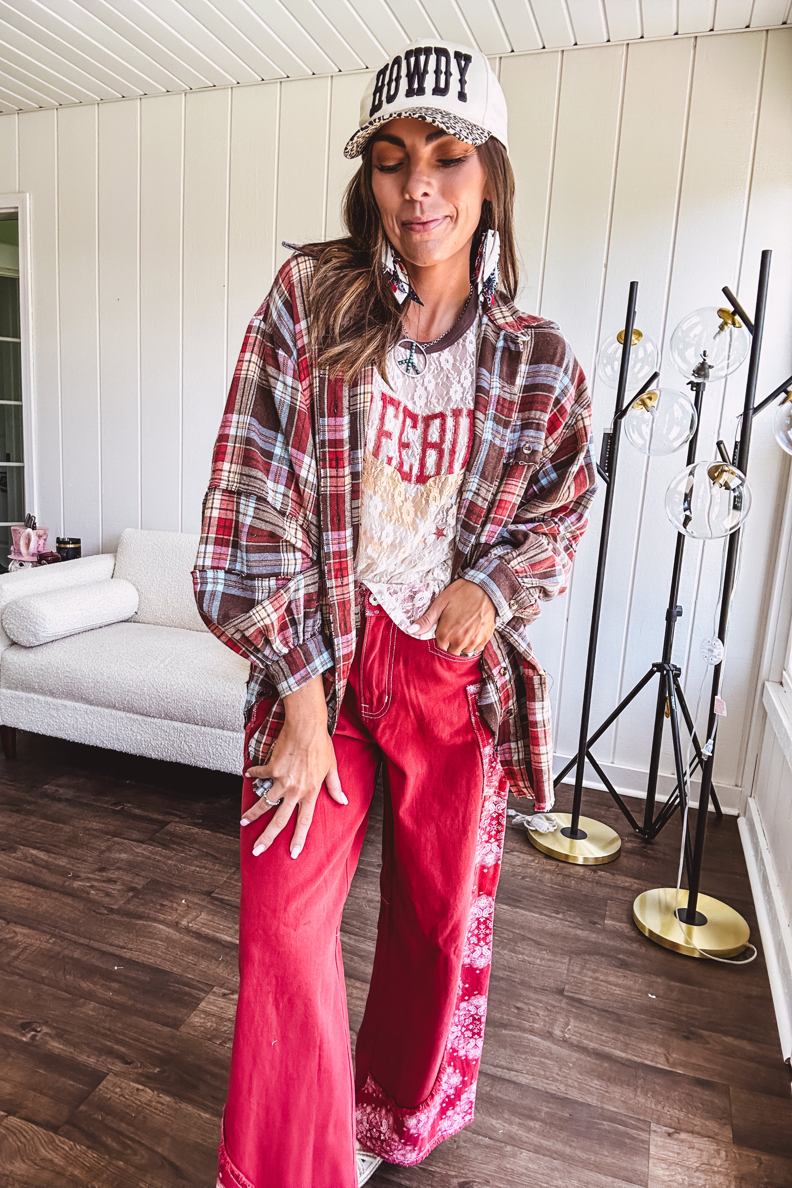Oversized red, brown and blue plaid button down top.