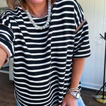 Soft, lightweight stretchy fabric in stripes including black and white, cream and white with contrasting trim at the round neck, hemline and sleeves. short sleeved and boxy cut.