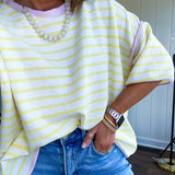 Soft, lightweight stretchy fabric in stripes including black and white, cream and white with contrasting trim at the round neck, hemline and sleeves. short sleeved and boxy cut.