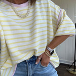 Soft, lightweight stretchy fabric in stripes including black and white, cream and white with contrasting trim at the round neck, hemline and sleeves. short sleeved and boxy cut.