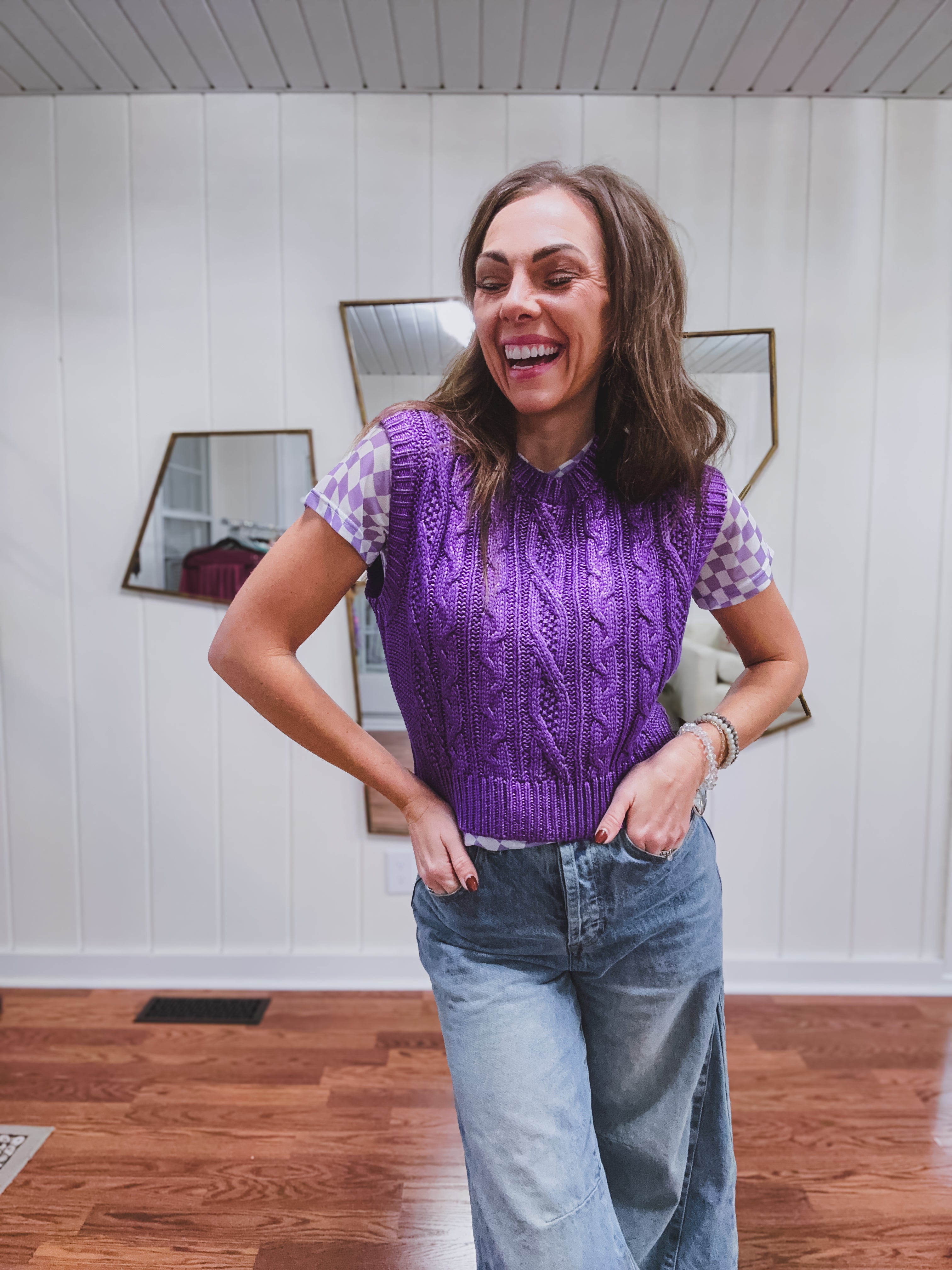 Lavender Checker Short Sleeve Mesh