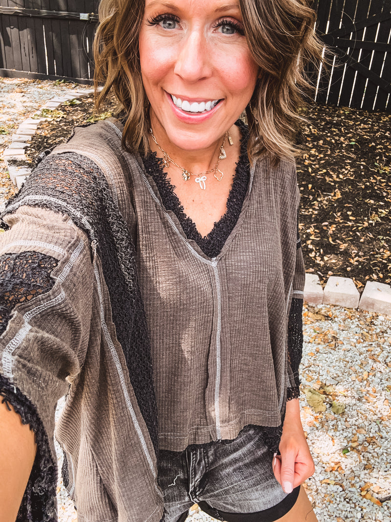 Oversize Contrast Stitch V Neck Crochet Tee