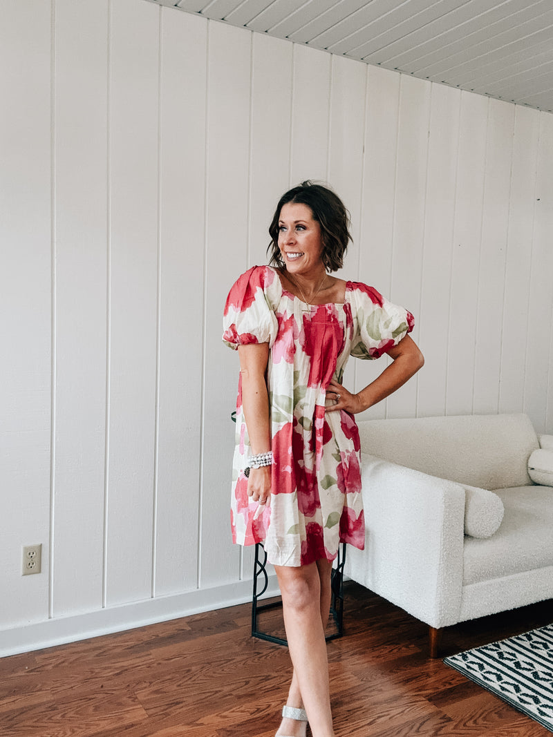 Pink Watercolor Floral Square Neckline Dress