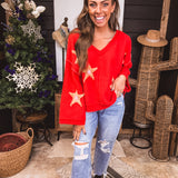 Apple Red + Pink Berber Star V Neck Sweater