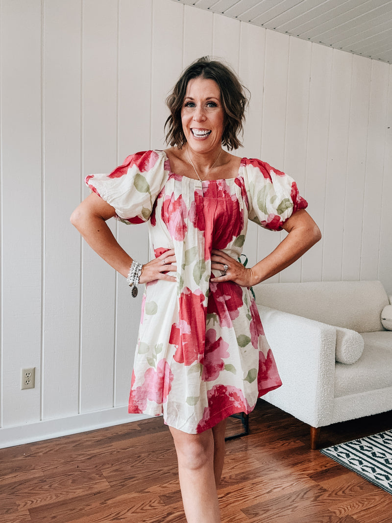 Pink Watercolor Floral Square Neckline Dress