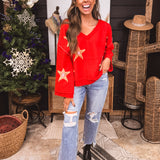 Apple Red + Pink Berber Star V Neck Sweater