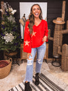 Apple Red + Pink Berber Star V Neck Sweater