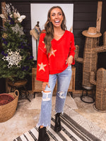 Apple Red + Pink Berber Star V Neck Sweater