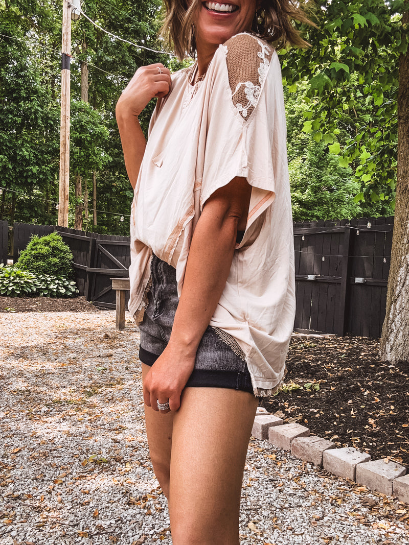 Almond Jersey Dolman with Crochet Shoulder Detail