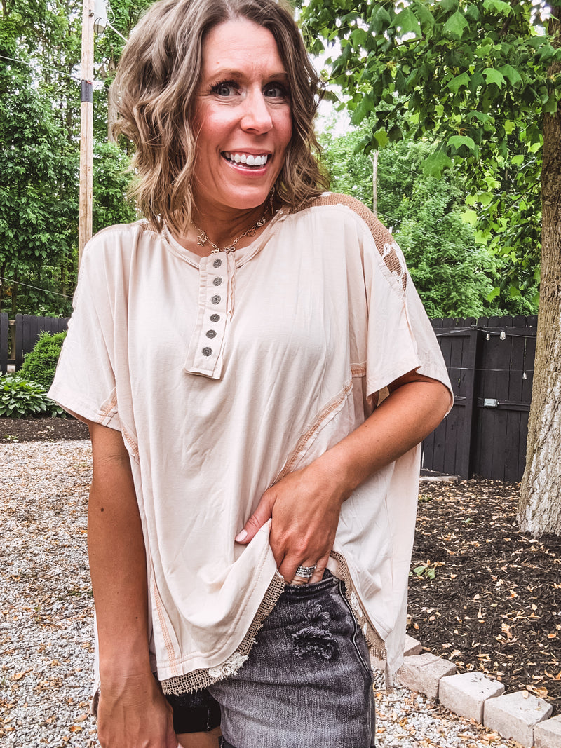 Almond Jersey Dolman with Crochet Shoulder Detail