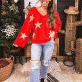 Apple Red + Pink Berber Star V Neck Sweater
