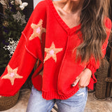 Apple Red + Pink Berber Star V Neck Sweater