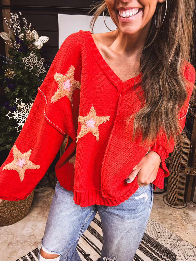 Apple Red + Pink Berber Star V Neck Sweater
