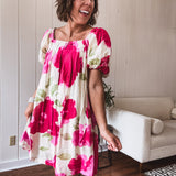 Pink Watercolor Floral Square Neckline Dress