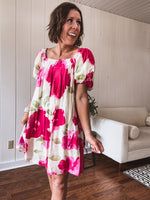 Pink Watercolor Floral Square Neckline Dress