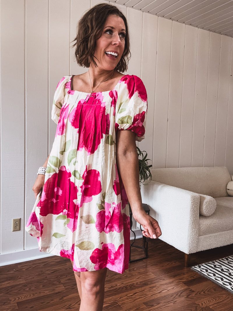 Pink Watercolor Floral Square Neckline Dress