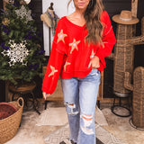 Apple Red + Pink Berber Star V Neck Sweater