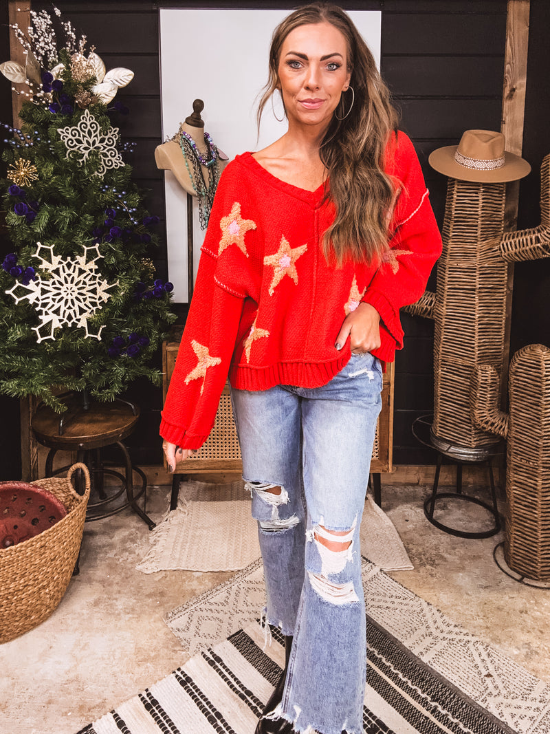 Apple Red + Pink Berber Star V Neck Sweater