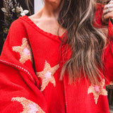 Apple Red + Pink Berber Star V Neck Sweater