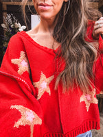 Apple Red + Pink Berber Star V Neck Sweater