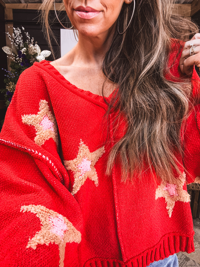 Apple Red + Pink Berber Star V Neck Sweater