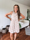 Taupe + Ivory Button Down Tiered Abstract Print Dress