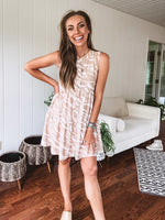 Taupe + Ivory Button Down Tiered Abstract Print Dress