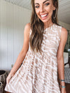 Taupe + Ivory Button Down Tiered Abstract Print Dress