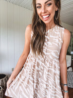 Taupe + Ivory Button Down Tiered Abstract Print Dress