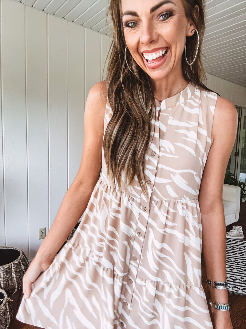Taupe + Ivory Button Down Tiered Abstract Print Dress