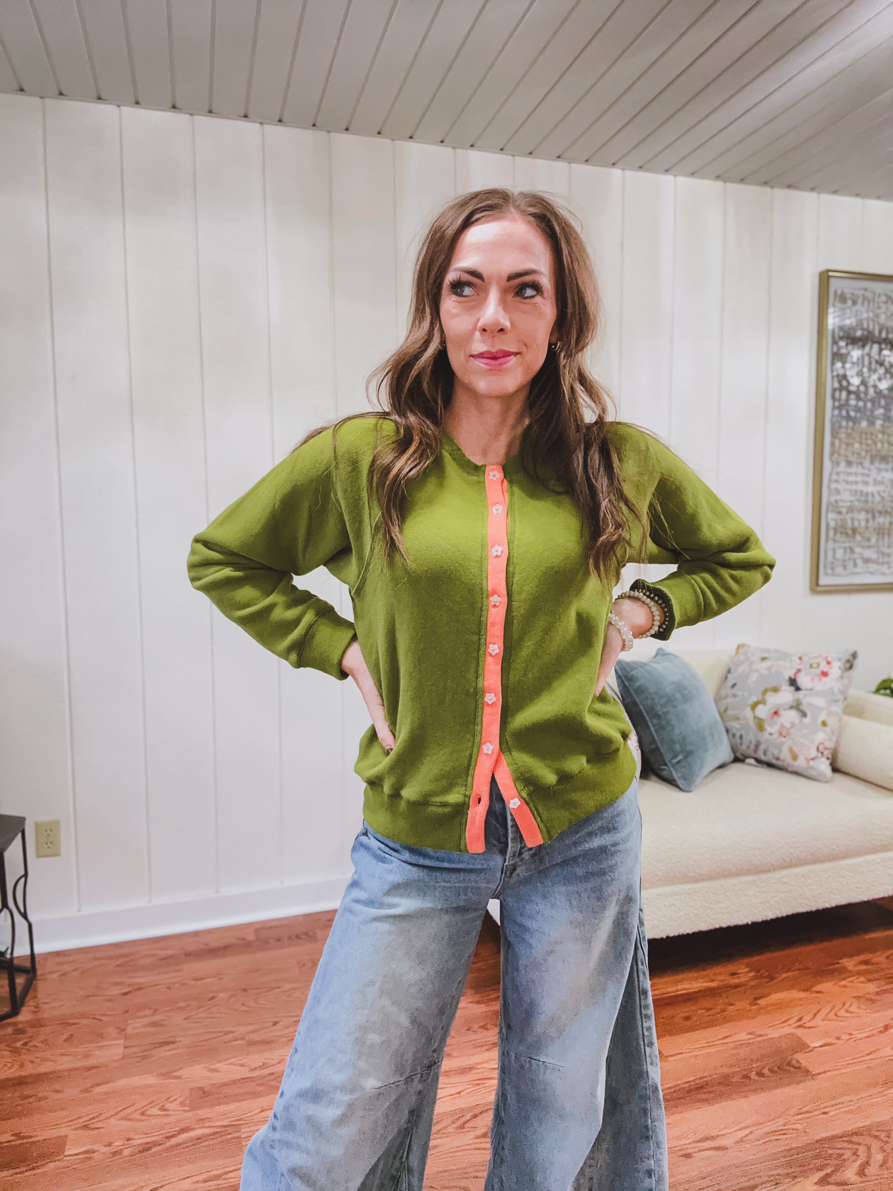 Lime Breeze Floral Button Sweater Cardigan