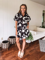 Black Floral Tapestry Button Front Dress