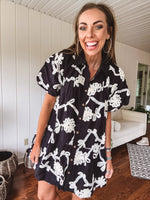 Black Floral Tapestry Button Front Dress