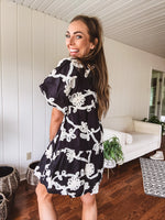 Black Floral Tapestry Button Front Dress