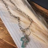 TEXAS TURQ CROSS NECKLACE WITH SIVLER ROSE INSERT