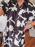 Black Floral Tapestry Button Front Dress
