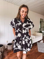 Black Floral Tapestry Button Front Dress