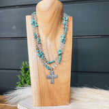 FAUX TURQ DOUBLE STRAND WITH SILVER HEART NECKLACE