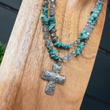 FAUX TURQ DOUBLE STRAND WITH SILVER HEART NECKLACE