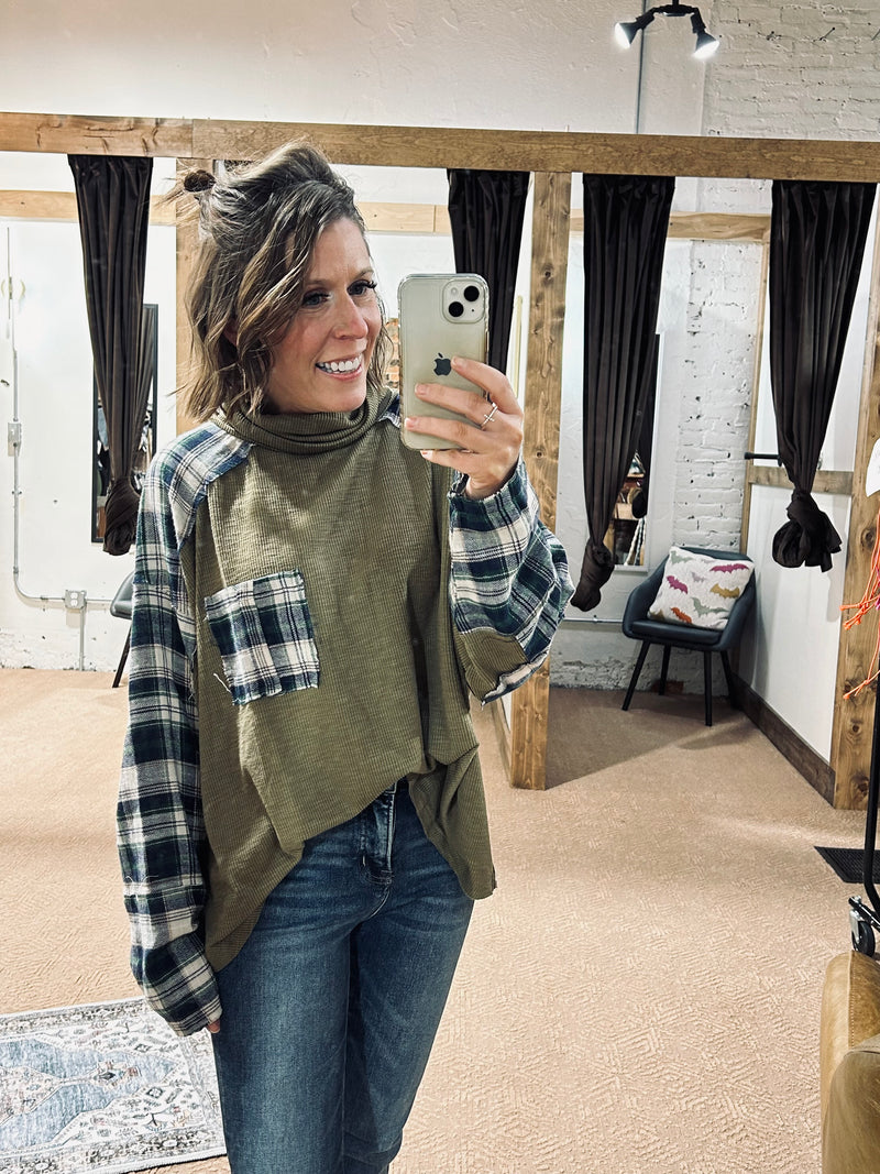 Olive Turtleneck Ribbed Plaid Pullover