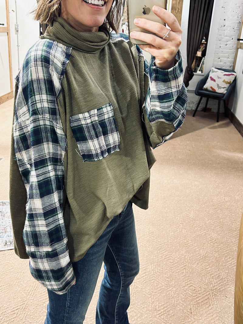 Olive Turtleneck Ribbed Plaid Pullover