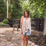 Taupe Flowy Tank with Crochet Trim Detail