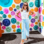 Wide leg barrel cotton slacks with a playful checkerboard vibe that works as hard as you do. Button and zipper closure, front and back pockets, and just enough stretch to keep you comfortable.