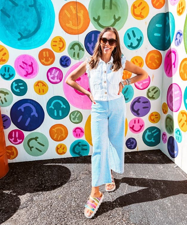 Wide leg barrel cotton slacks with a playful checkerboard vibe that works as hard as you do. Button and zipper closure, front and back pockets, and just enough stretch to keep you comfortable.