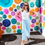 Wide leg barrel cotton slacks with a playful checkerboard vibe that works as hard as you do. Button and zipper closure, front and back pockets, and just enough stretch to keep you comfortable.