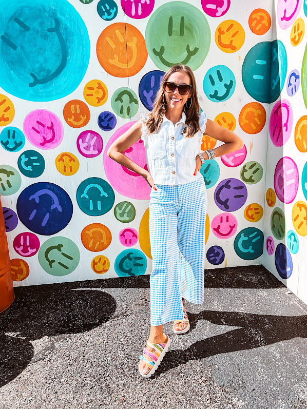 Wide leg barrel cotton slacks with a playful checkerboard vibe that works as hard as you do. Button and zipper closure, front and back pockets, and just enough stretch to keep you comfortable.
