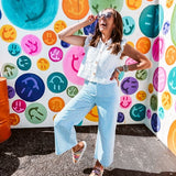 Wide leg barrel cotton slacks with a playful checkerboard vibe that works as hard as you do. Button and zipper closure, front and back pockets, and just enough stretch to keep you comfortable.